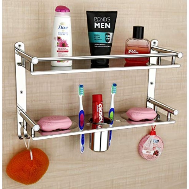 Ferio Stainless Steel 5 in 1 Bathroom Shelf Shelves Tumbler Holder | Towel Bar and Toothpaste Stand and Napkin Hanger Bathroom Accessories Silver - ( 16*5 Inch - Pack of 1 )