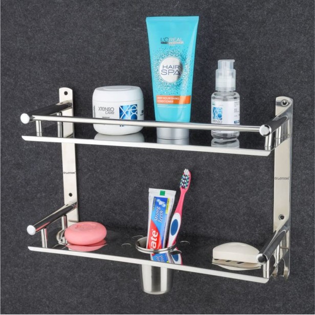Ferio Stainless Steel 5 in 1 Bathroom Shelf Shelves Tumbler Holder | Towel Bar and Toothpaste Stand and Napkin Hanger Bathroom Accessories Silver - ( 16*5 Inch - Pack of 1 )