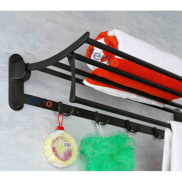 Ferio Stainless Steel Folding Bathroom Rack | Towel Holder | Towel Hanger | Napkin Rod Hanger | Multipurpose Use Hooks for Bathroom Accessories (24 Inch-Black Finish)