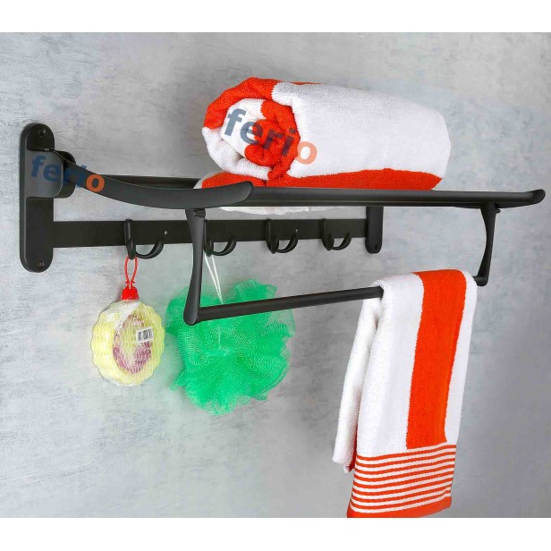 Ferio Stainless Steel Folding Bathroom Rack | Towel Holder | Towel Hanger | Napkin Rod Hanger | Multipurpose Use Hooks for Bathroom Accessories (24 Inch-Black Finish)