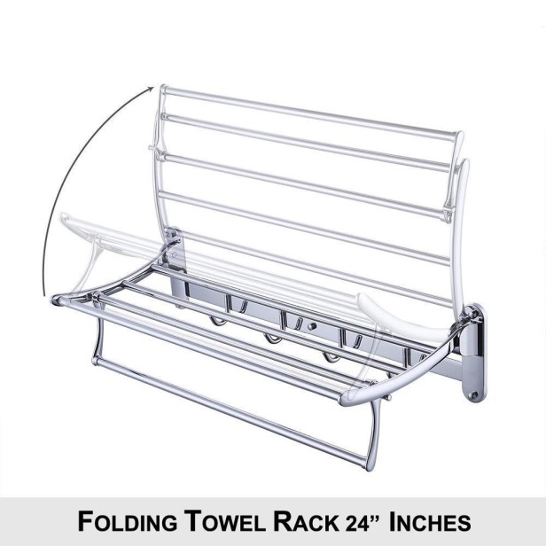 Ferio 24 Inch Stainless Steel Folding Towel Rod Stand Rack Cloth Hanger Towel Holder Hanger For Bathroom Fittings Accessories (24 Inch-Chrome Finish)