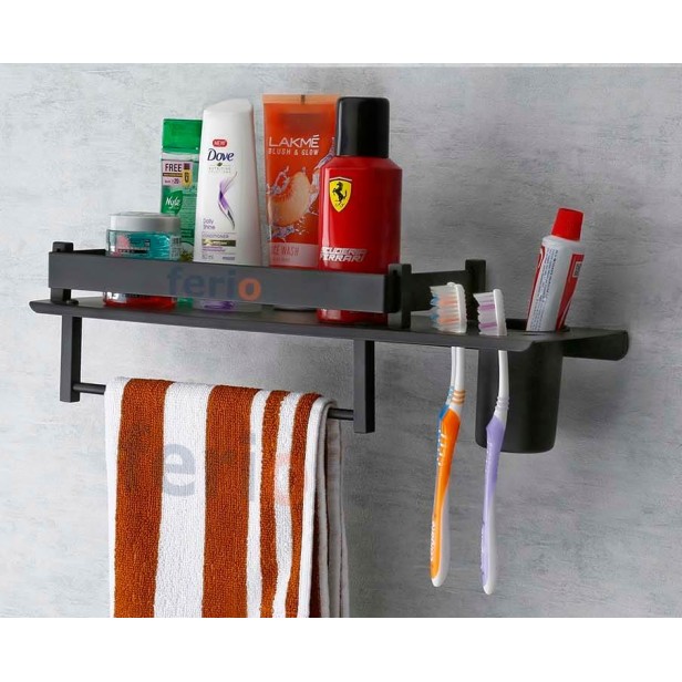 Ferio Black Finish Stainless Steel 3 In 1 Multipurpose Bathroom Shelf/Rack/Towel Hanger/Tumbler Holder/Bathroom Accessories (15 X 5 Inches) - Pack Of 1