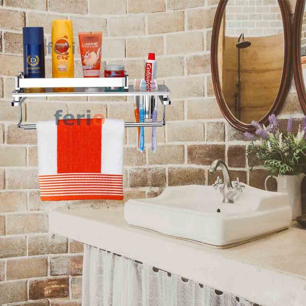 Ferio 3 in 1 Stainless Steel Multipurpose Bathroom Shelf / Shelves/Towel Bar | Napkin Holder | Thumber Holder | Rack Bathroom Accessories for Home Chrome Finish (15*5 Inches) - Pack of 1 (Silver)