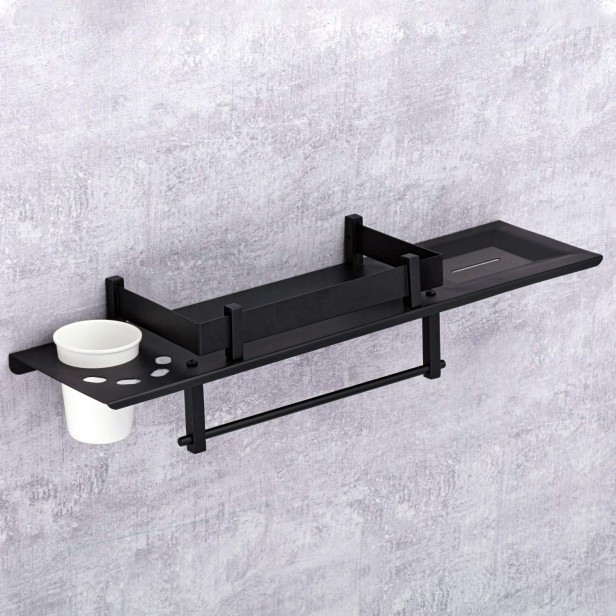 Ferio Stainless Steel 3 in 1 Multipurpose Bathroom Shelf/Rack/Towel Hanger/Tumbler Holder/Bathroom Accessories (15 x 6 Inches) - Pack of 1
