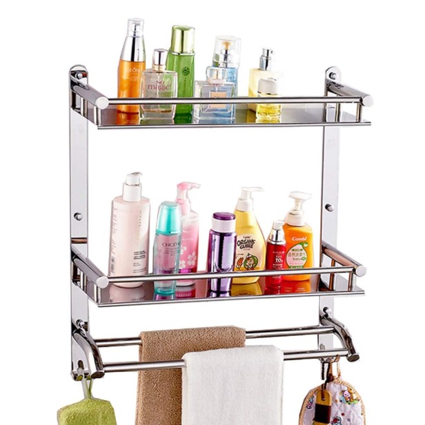 Ferio High Grade Stainless Steel Wall Mount Shelf 3 Tier Bathroom Shelf/Rack with Towel Holder/Towel Hooks/Bathroom Accessories Wall-Mount (Silver)