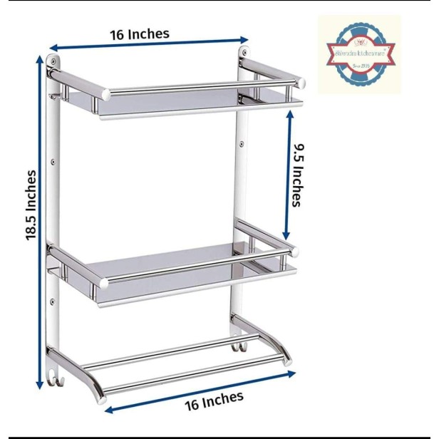 Ferio High Grade Stainless Steel Wall Mount Shelf 3 Tier Bathroom Shelf/Rack with Towel Holder/Towel Hooks/Bathroom Accessories Wall-Mount (Silver)