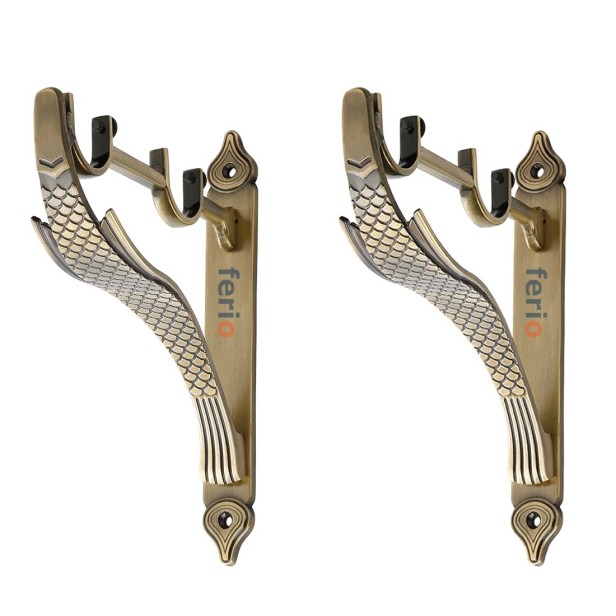 Ferio Double Curtain Rod Brackets Set | Curtain Double Support for 1 Inch Curtain Rod Holders Brass Antique Set of 2 Pic (Pack of 2)