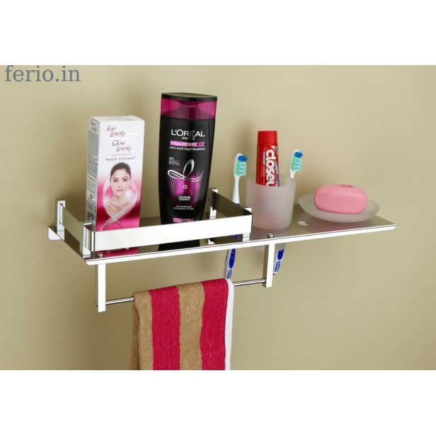 Ferio Stainless Steel 4 In 1 Multipurpose Bathroom Shelf / Tumbler And Toothbrush Holder / Soap Dish Stand / Towel Rod Hanger Bath Accessories ( 18* 5 Inch) Pack Of 1