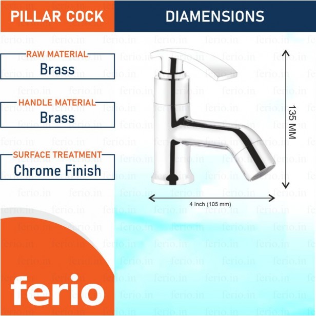 Ferio Fully Brass Pillar Single Lever Bib Cock Cello Model for Wash Basin Tap and Kitchen Sink Faucet with Brass Wall Flange & Teflon Tape for Basin Faucet, Bathroom & Kitchen Mirror Chrome Finish Pack of 1