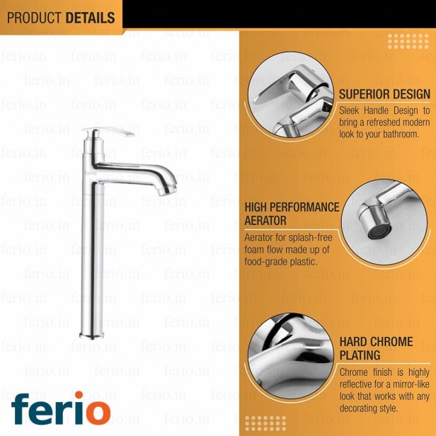 Ferio Deck-Mount Single-Handle High Neck Pillar Cocktail Tap For Was Basin Tap For Kitchen Sink Premium Brass Chrome Finish Kitchen And Bathroom Faucet With Swivel Spout - Silver Pack Of 1