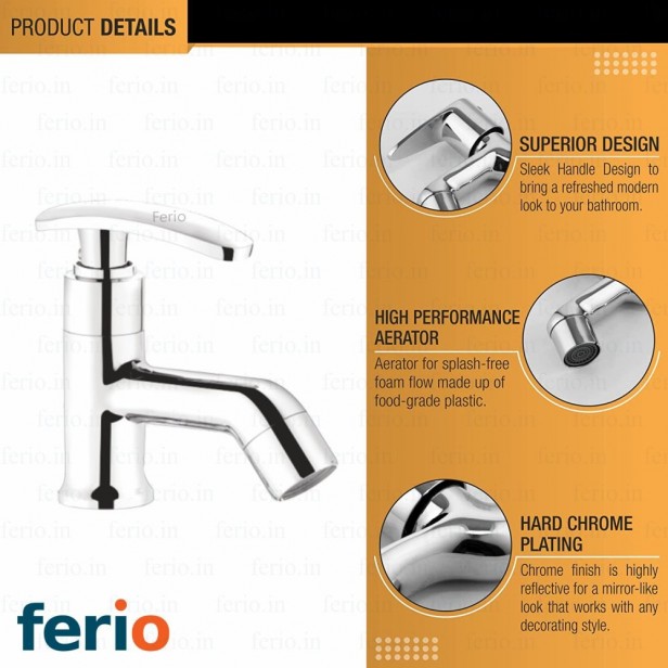 Ferio Brass Pillar Bib Cock Tap Faucet Deck Mounted for Wash Basin and Bathroom Cello Model For Wash Basin Tap, Sink Tap Disc Quarter Turn Home Fitting Chrome Plated Pack Of 1 Pics ( Fully Brass )