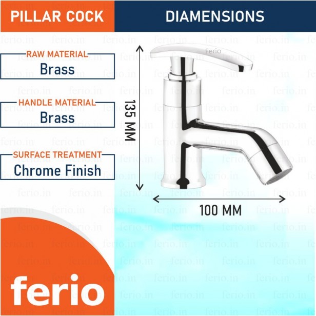 Ferio Brass Pillar Bib Cock Tap Faucet Deck Mounted for Wash Basin and Bathroom Cello Model For Wash Basin Tap, Sink Tap Disc Quarter Turn Home Fitting Chrome Plated Pack Of 1 Pics ( Fully Brass )