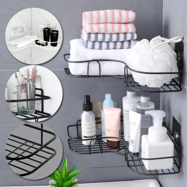 1pcs Bathroom Corner Shelf, Wall Mounted Bathroom Adhesive Shower Shelf  with Hooks, Kitchen Organizer, Black, No