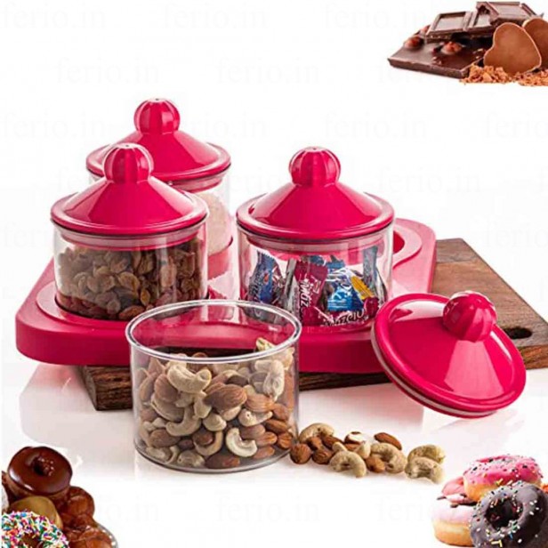 Ferio Rajwadi Dray Fruit Tray With Bowl Set, Airtight Container and Leak Proof Lid for Dryfruit, Snacks, Chocolate, Candy, Masala Bowl, Tray Multicolor Unbreakable (Pack Of 4 Bowl,1 Tray)