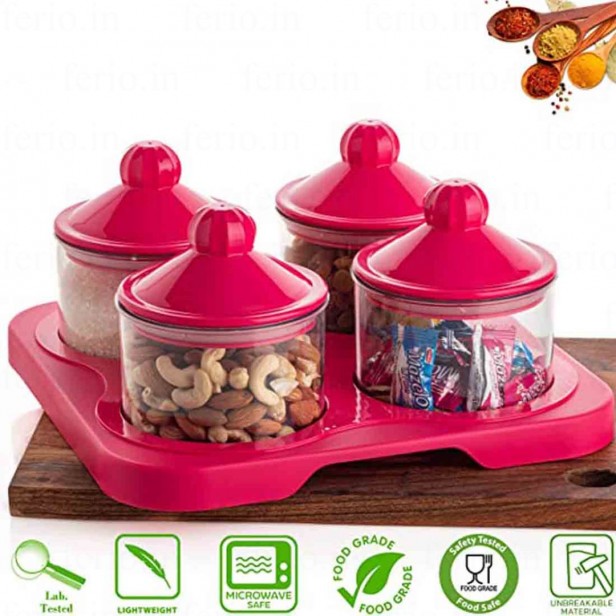 Ferio Rajwadi Dray Fruit Tray With Bowl Set, Airtight Container and Leak Proof Lid for Dryfruit, Snacks, Chocolate, Candy, Masala Bowl, Tray Multicolor Unbreakable (Pack Of 4 Bowl,1 Tray)