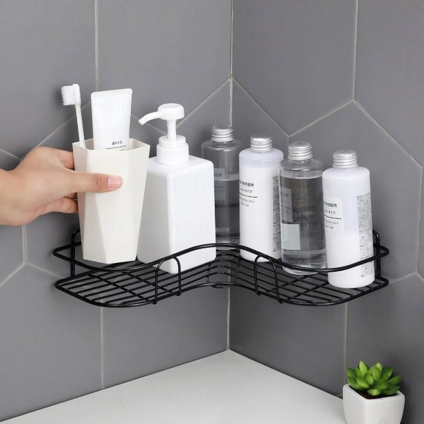Arena Corner Bathroom Rack - Bathroom Corner Shelves - L Shape Kitchen Storage – Multipurpose Rack Shampoo Holder With - Adhesive Shower Caddy Metal Shelf Without Drilling (Black, Pack of 1)