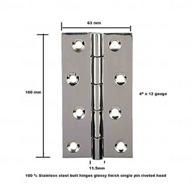 Ferio Premium Stainless Steel Door/Cabinet Butt Hinges 4 inch x 12 Gauge/2.5 mm Thickness Hinges for Door, Window, Cupboard, Cabinet (4"x12) Silver(Satin) Finish (Pack of 2)