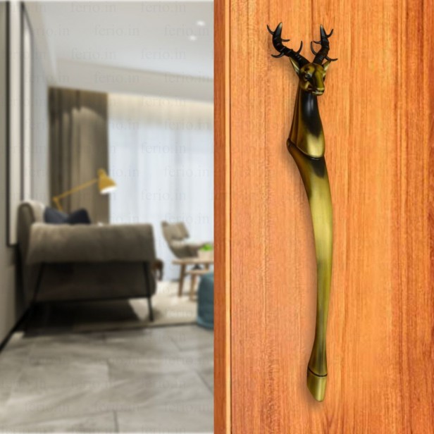 Ferio 200mm ( 8 Inch ) Brass Antique Deer Carved Matte Finish Main Door Handle Brass | Home Decor | Door Decor | |Brass Door Handle | Brass Door Knocker Drawer Handle for Home/Hotel/Office Pack Of 1