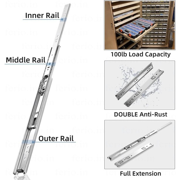 Ferio 20 Inches Telescopic Drawer Channel | Rust Free | 600mm Ball Bearing Soundless Modular Kitchen Drawer Slides Side Mount Rails/Telescopic Slide/Drawer Channels Pack of 1 Set (2 pcs)