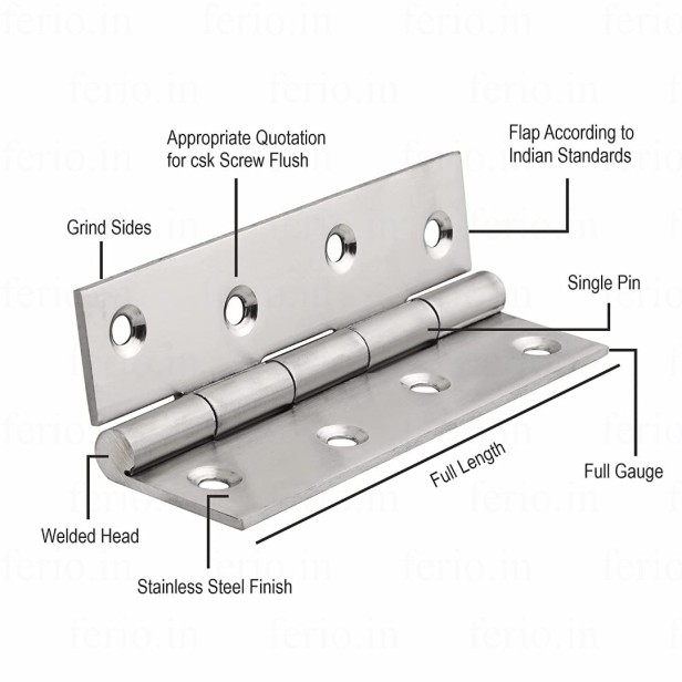 Ferio Premium Stainless Steel Door/Cabinet Butt Hinges 4 inch x 12 Gauge/2.5 mm Thickness Hinges for Door, Window, Cupboard, Cabinet (4"x12) Silver(Satin) Finish (Pack of 2)