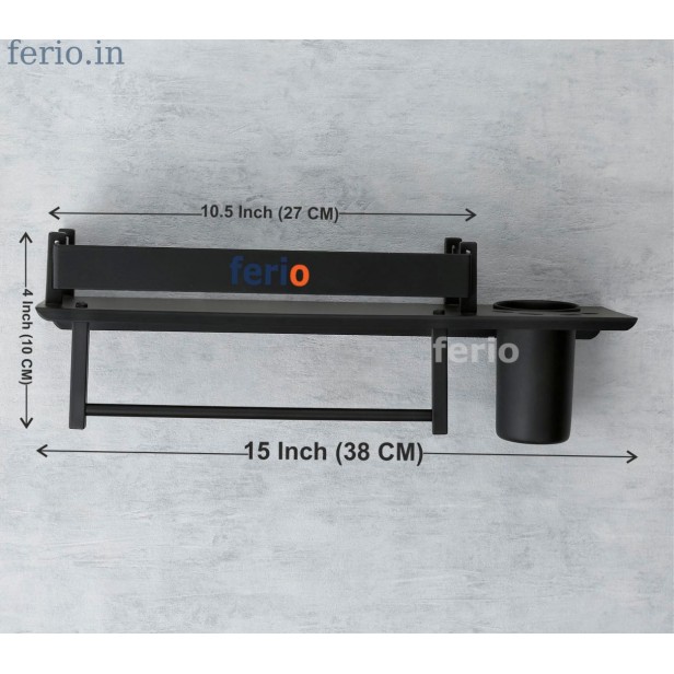 Ferio Black Finish Stainless Steel 3 In 1 Multipurpose Bathroom Shelf/Rack/Towel Hanger/Tumbler Holder/Bathroom Accessories (15 X 5 Inches) - Pack Of 1