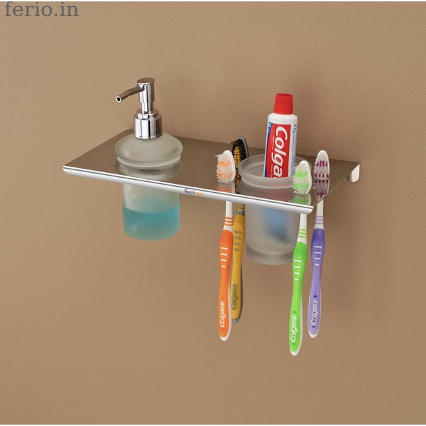 Ferio Stainless Steel Tumbler Holder Liquid soap Dispenser Holder Toothbrush Hanger for Bathroom Accessories Mirror Finish(10 * 5 Inch) Pack Of 1 Pics