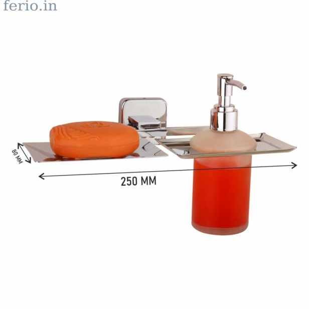 Ferio Stainless Steel Soap Stand with Steel Soap Case Soap Holder Soap Dish And Glass Liquid Soap Dispenser for Bathroom and Wash Basin Hand wash Dispenser Bathroom Accessories (Chrome Finish, Anti Rust) ( Pack Of 1 )