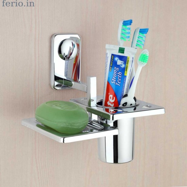 Ferio Ferio Stainless Steel Soap Dish With Tumbler Holder/Soap Stand/Tooth Brush Holder/Bathroom Accessories (Chrome, Pack Of 1)