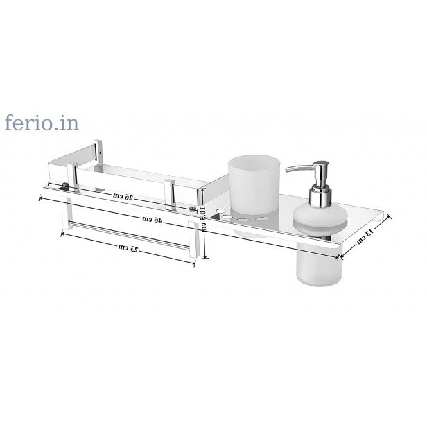 Ferio 4 in 1 Stainless Steel Bathroom Shelf Tumbler Holder, Toothbrush Holder, Liquid Soap Dispenser, Towel Hanger Rod, Bathroom Accessories (18 x 5 inches)