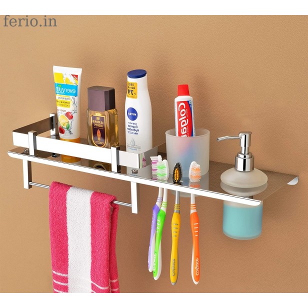 Ferio 4 in 1 Stainless Steel Bathroom Shelf Tumbler Holder, Toothbrush Holder, Liquid Soap Dispenser, Towel Hanger Rod, Bathroom Accessories (18 x 5 inches)