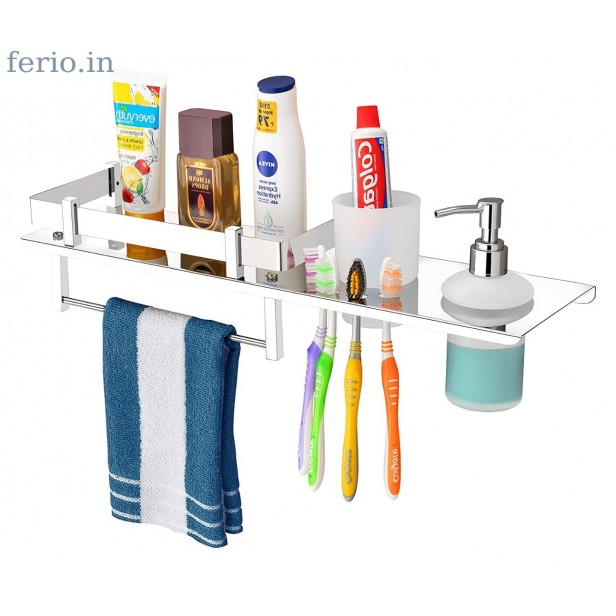 Ferio 4 in 1 Stainless Steel Bathroom Shelf Tumbler Holder, Toothbrush Holder, Liquid Soap Dispenser, Towel Hanger Rod, Bathroom Accessories (18 x 5 inches)