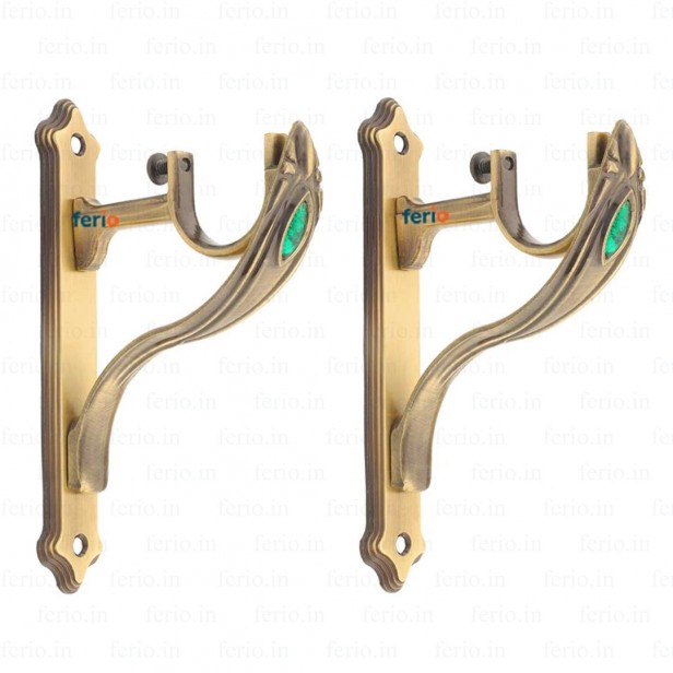 Ferio Curtain Bracket Support with Green Stone Zinc Alloy New Design for Door and Windows Bathroom Fitting for 1 Inch Rod Size for Home Décor Brass Antique (Pack of 2)