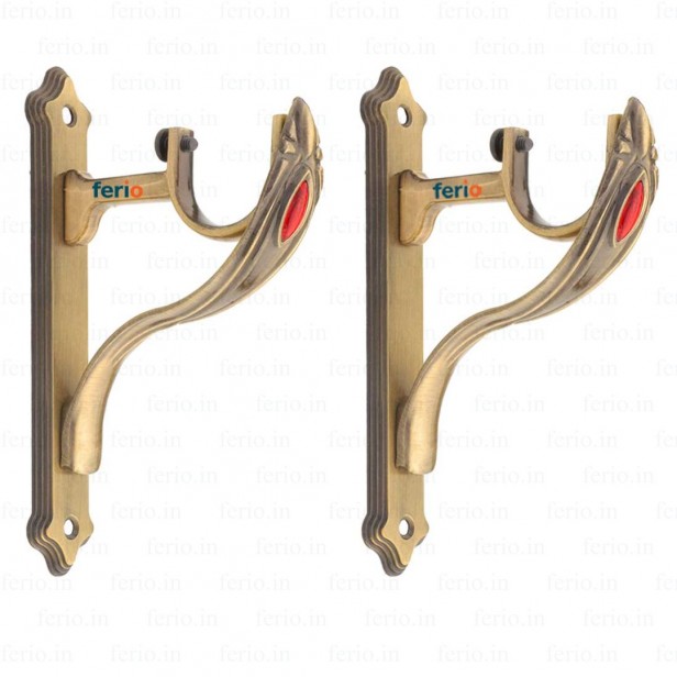 Ferio Curtain Brackets Support Holder with Red Stone Zinc Alloy for Door and Windows Fitting Accessories for 1 Inch Rod Size for Home Décor Brass Antique Finish (Pack of 2)