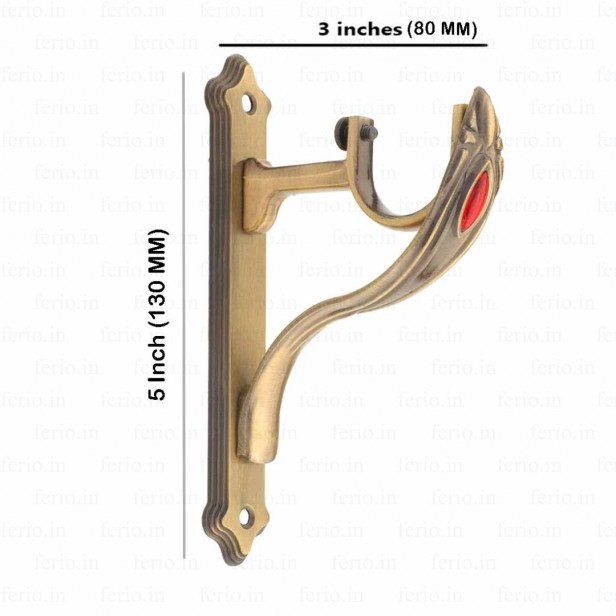 Ferio Curtain Brackets Support Holder with Red Stone Zinc Alloy for Door and Windows Fitting Accessories for 1 Inch Rod Size for Home Décor Brass Antique Finish (Pack of 2)