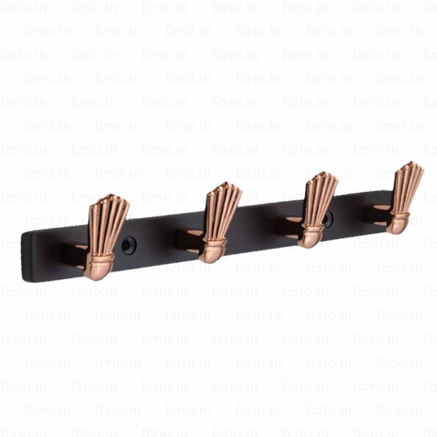 Ferio Zinc 4 Pin Bathroom Cloth Hooks Hanger Door Wall Bedroom Robe Hooks Rail for Hanging Clothes Towel Hanger Black & Rose Gold Finish (Pack Of 1 )