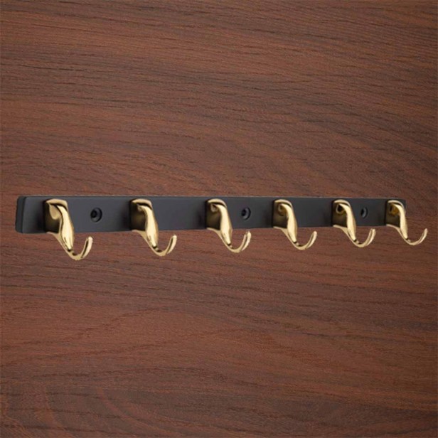 Ferio 6 Pin Bathroom Cloth Hooks Zinc Alloy Hanger Door Wall Bedroom Robe Hooks Rail for Hanging Keys, Clothes, Towel Steel Hook Black & Gold (Pack of 1),