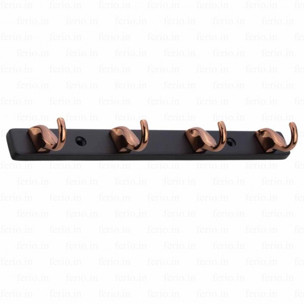 Ferio 4 Pin Bathroom Cloth Hooks Hanger Zinc Alloy Door Wall Bedroom Robe Hooks Rail for Hanging Clothes, Towel Hanger Black And Rose Gold Finish (Pack Of 1)