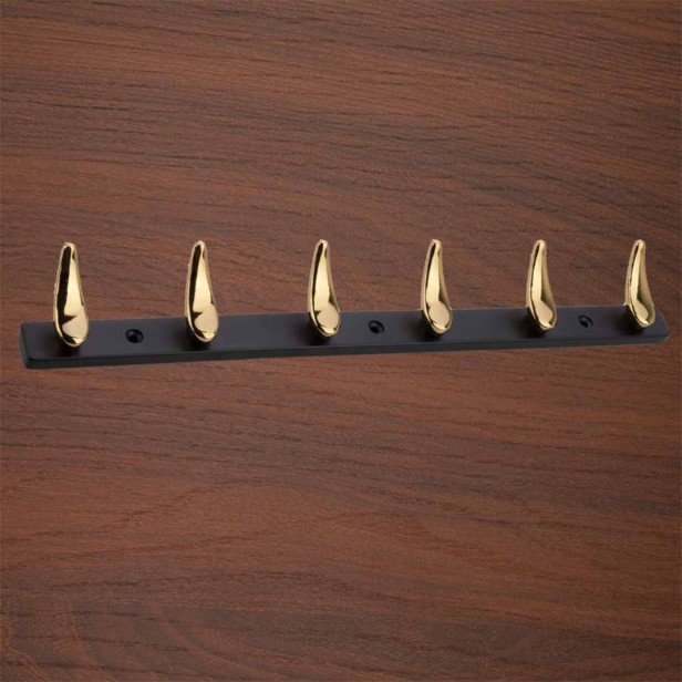 Ferio 6 Pin Bathroom Cloth Hanger Zinc Alloy Wall Mounted Bedroom Cloth Hanger Cloth Wall Hook, Door Hooks Rail for Hanging Keys, Clothes, Towel Black & Gold (Pack Of 1)