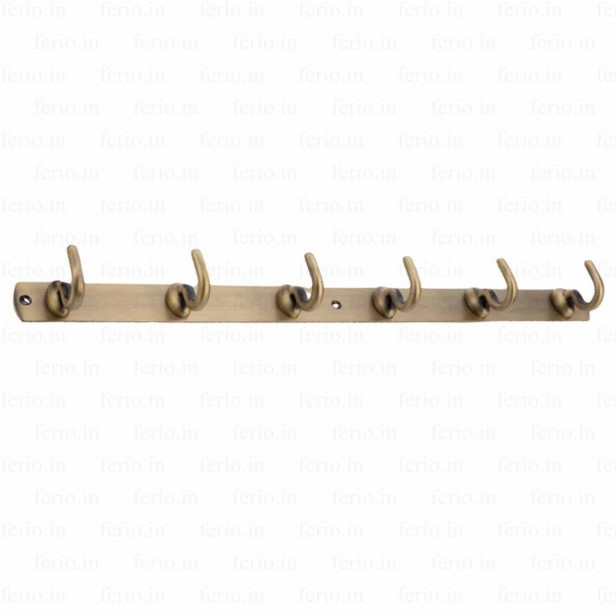 Ferio 6 Pin Bathroom Cloth Hanger Zinc Wall Mounted Bedroom Cloth Hanger, Cloth Wall Hook, Door Hooks Rail for Hanging Keys, Clothes, Towel Brass Antique (Pack of 1)