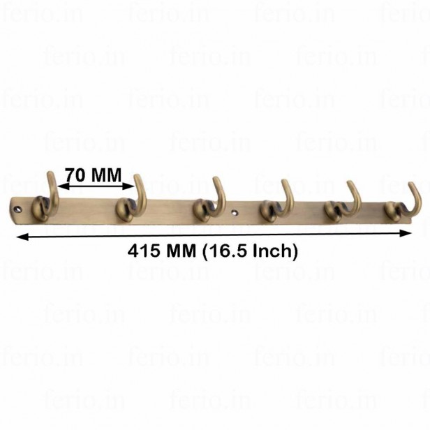 Ferio 6 Pin Bathroom Cloth Hanger Zinc Wall Mounted Bedroom Cloth Hanger, Cloth Wall Hook, Door Hooks Rail for Hanging Keys, Clothes, Towel Brass Antique (Pack of 1)