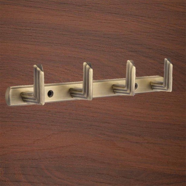 Ferio 4 Pin Bathroom Cloth Hooks Zinc Hanger Door Wall Bedroom Kitchen Bathroom Key Stand Robe Hooks Rail for Hanging Keys, Clothes, Towel Brass Antique (Pack Of 1)