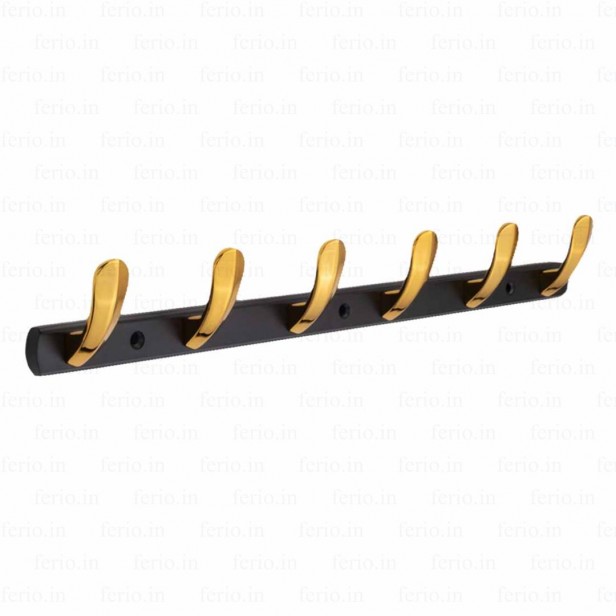 Ferio Zinc 6 Pin Heavy Duty Bathroom Cloth Hooks Hanger Wall Bedroom Bathroom Robe Hooks Rail for Hanging Keys, Clothes, Towel Hook Black & Gold Finish (Pack Of 1)