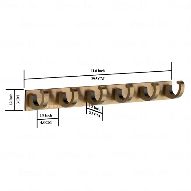 Ferio Antique Brass C type 6 Pin Aluminium Cloth Hanger Door Wall Hooks Rail for Hanging Clothes, Towel Hook Rail Cloth Hanger Robe Wall Door Hooks Rail for Hanging Keys, Towel Steel Hook (Pack of 1)