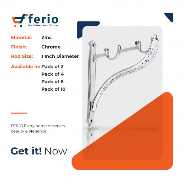 Ferio Double Curtain Brackets Zinc Chrome Rajwadi Designer Heavy Curtain Supports For Door And Window Curtain Brackets Set Holder For 1 Inch Rod 1 Set (Pack Of 2 Pcs)