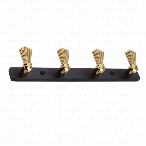 Ferio 4 Pin Bathroom Cloth Hooks, Zinc Alloy Door Hanger, Wall Hooks Rail for Hanging Clothes and Keys, Bedroom Cloth Wall Hook (Black & Gold Finish, Pack of 1)