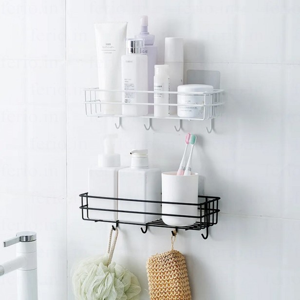 Ferio Bathroom Rack - Bathroom Shelves - Kitchen Storage – Multipurpose Rack Shampoo Holder With 4 hook - Adhesive Shower Caddy Metal Shelf Without Drilling (Black, Pack of 1)