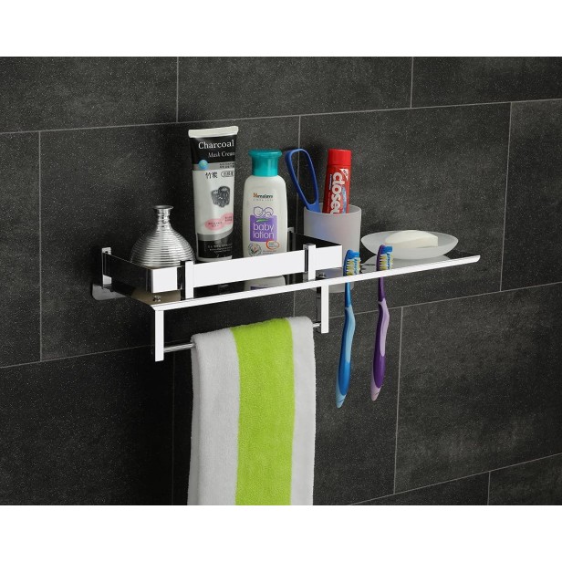 Ferio Stainless Steel 4 In 1 Multipurpose Bathroom Shelf / Tumbler And Toothbrush Holder / Soap Dish Stand / Towel Rod Hanger Bath Accessories ( 18* 5 Inch) Pack Of 1
