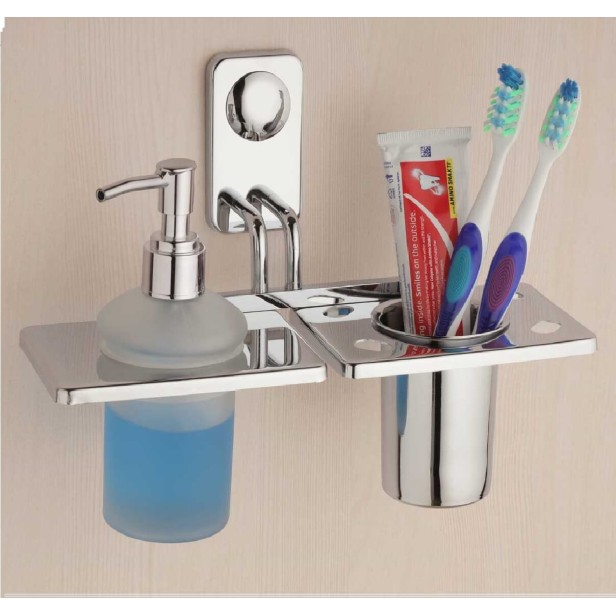 Ferio Stainless Steel Tumbler Holder Tooth Brush Holder Tumbler Stand And  Liquids Soap Dispenser Bathroom Accessories Anti Rust (Chrome Finish) - Pack Of 1