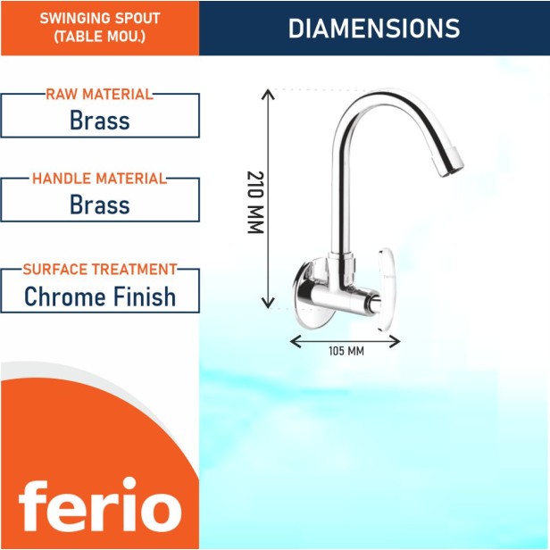 Ferio Full Brass Wall Mounted Sink Tap Cock for Single Lever Cold-Only Kitchen Faucet Chrome Finish Wash Basin Sink Cock Taps with Swivel Spout Foam Flow 15mm with flange Pack of 1