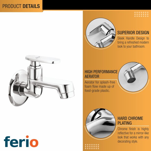 Ferio Water Bib Cock Brass Faucet Bib Tap for Bathroom, Wash Basin & Kitchen Sink, Gardens Area Wall Mounted Brass Chrome Finish Water Tap Short Body with Wall Flange 1 Piece